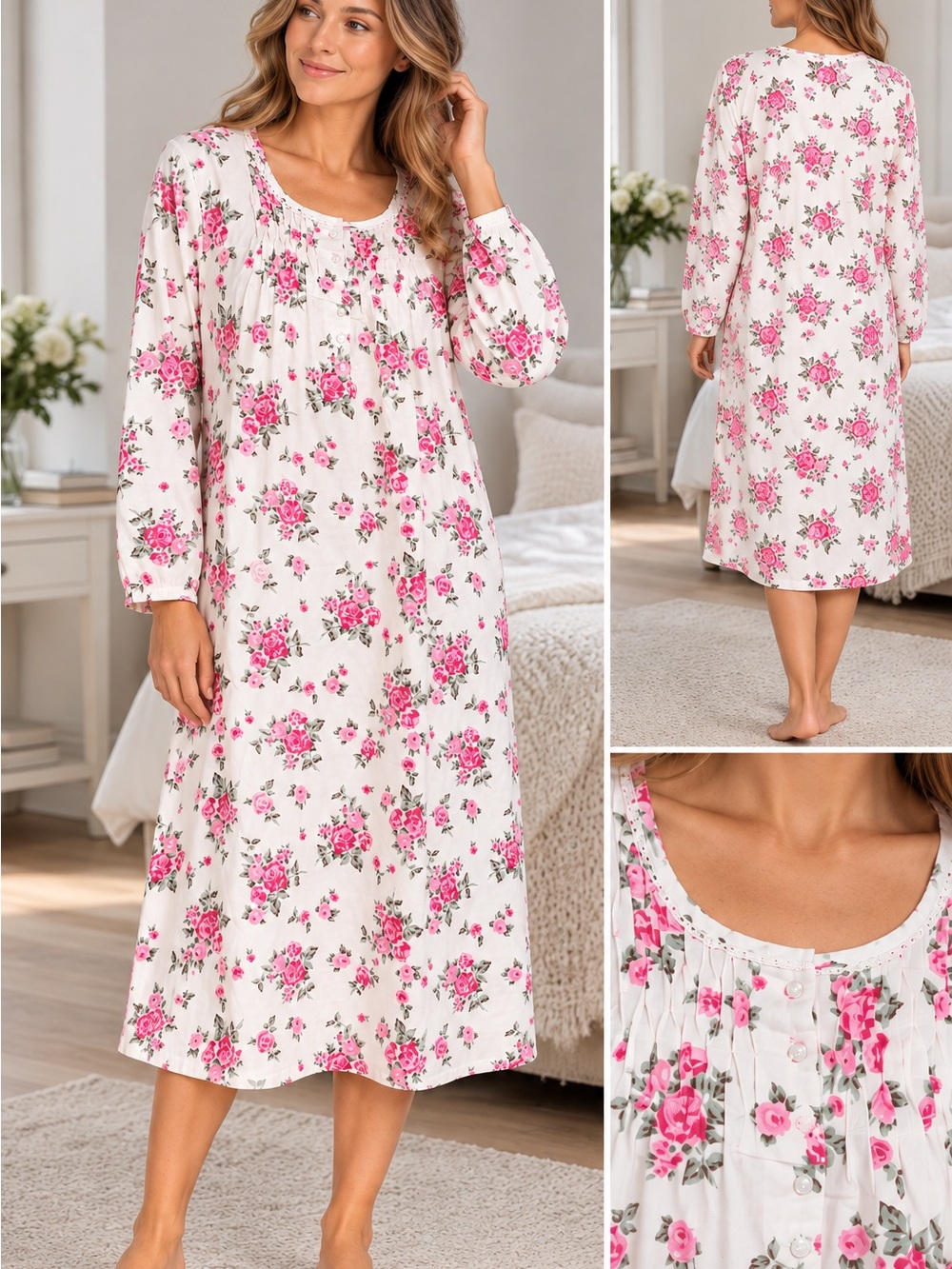 Cotton Flannel Floral Long Sleeve Nightgown large Pink White NWT